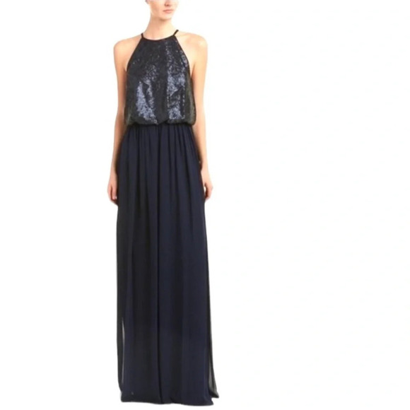 Donna Morgan "NEW" Midnight Blue Hannah Sequin Blouson Maxi Gown Dress Size 10 - Picture 1 of 10